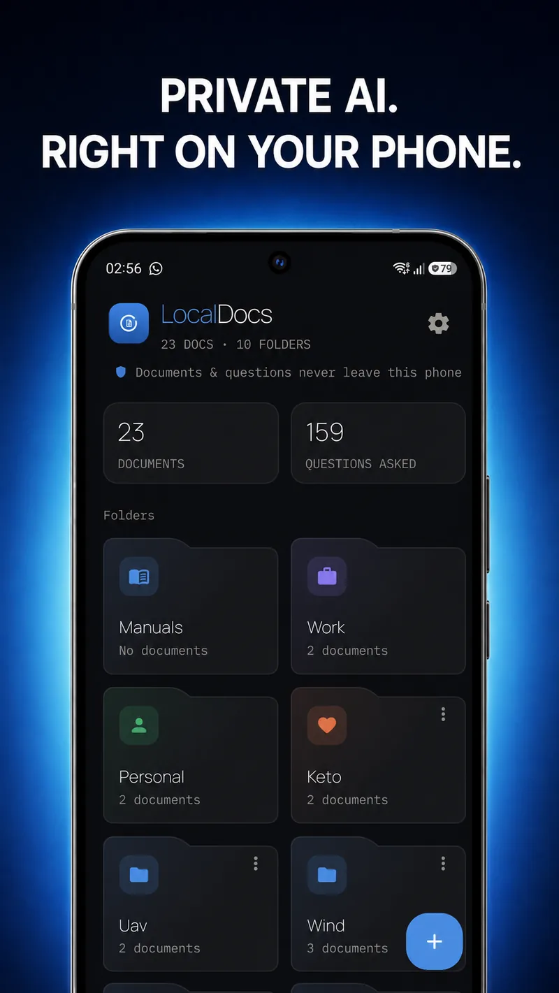 LocalDocs home — 23 documents across 10 folders, with a reminder that documents and questions never leave the phone
