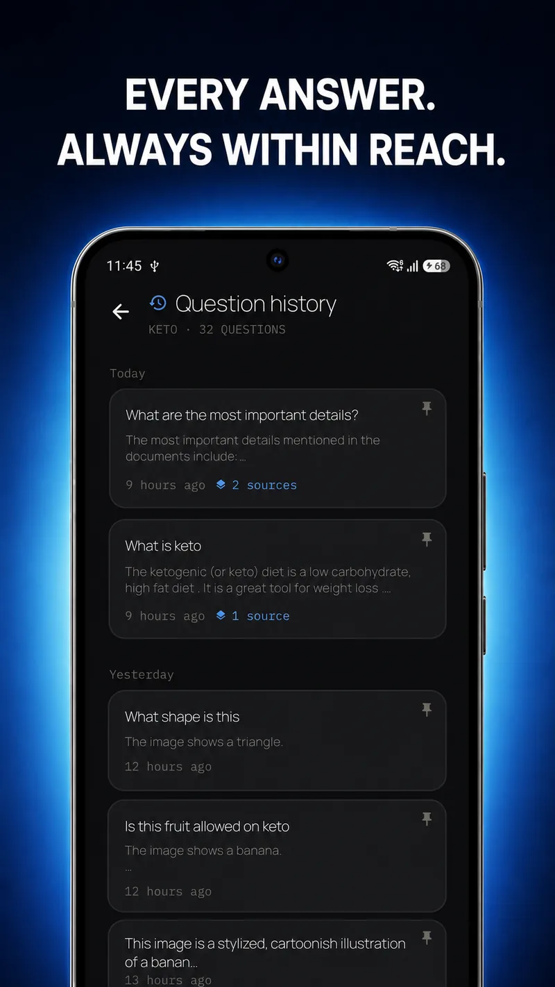 Question history grouped by day, with answer previews and source counts