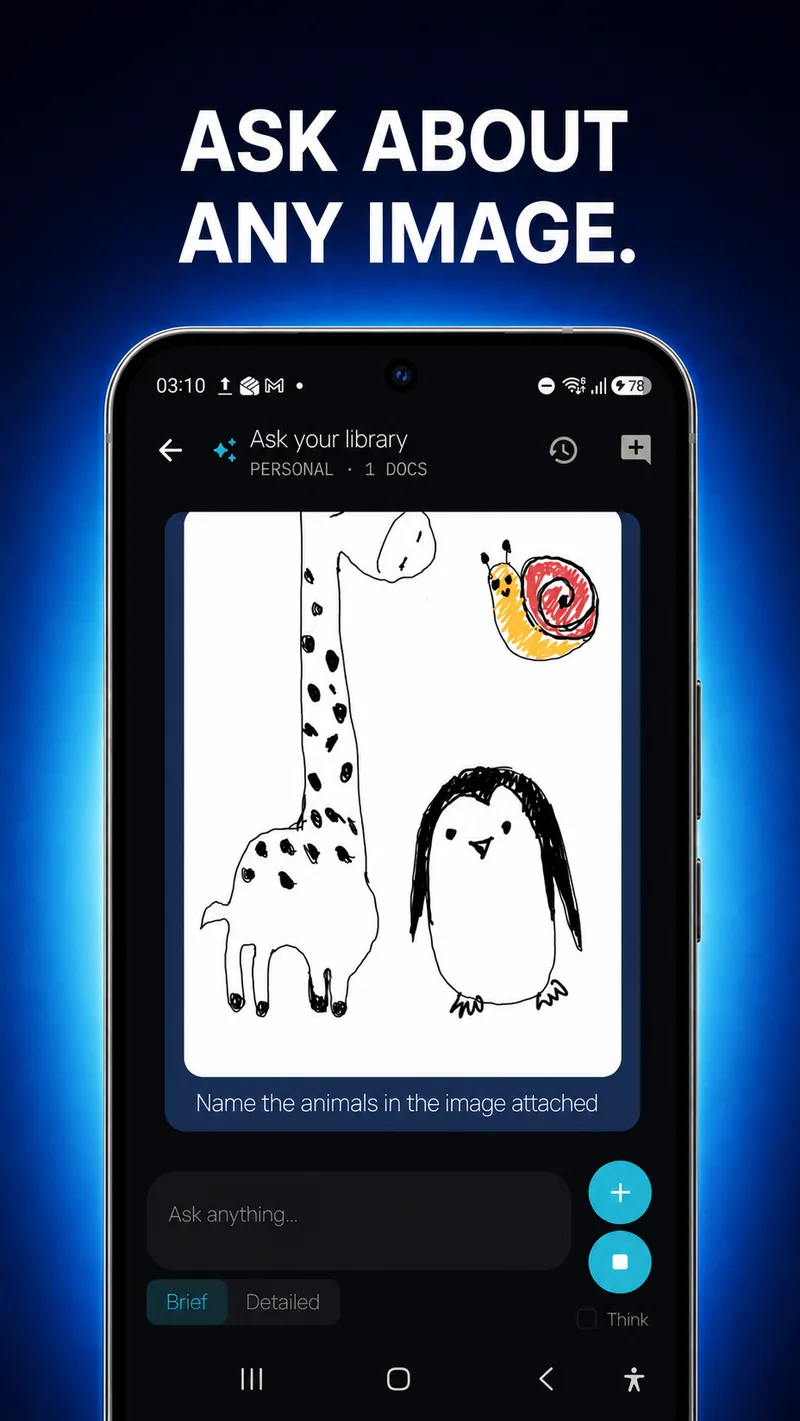 Ask about any image — LocalDocs names the animals in a hand-drawn sketch
